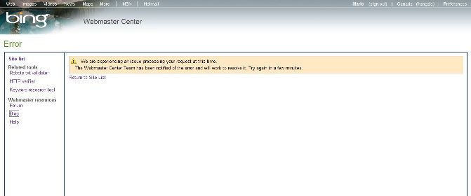 Bing webmaster center is down...